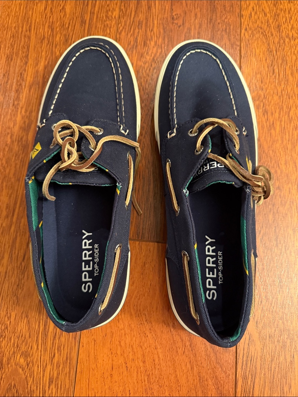 Sperry Top-Sider Navy Canvas Men’s Boat Shoes with Tan Laces Size 11.5 NEW